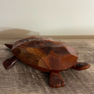 Vintage Wooden Turtle Trinket Dish Large Size Floral Design Decor